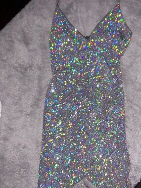 Sparkling Silver Ruched Mini Dress with Spaghetti Straps